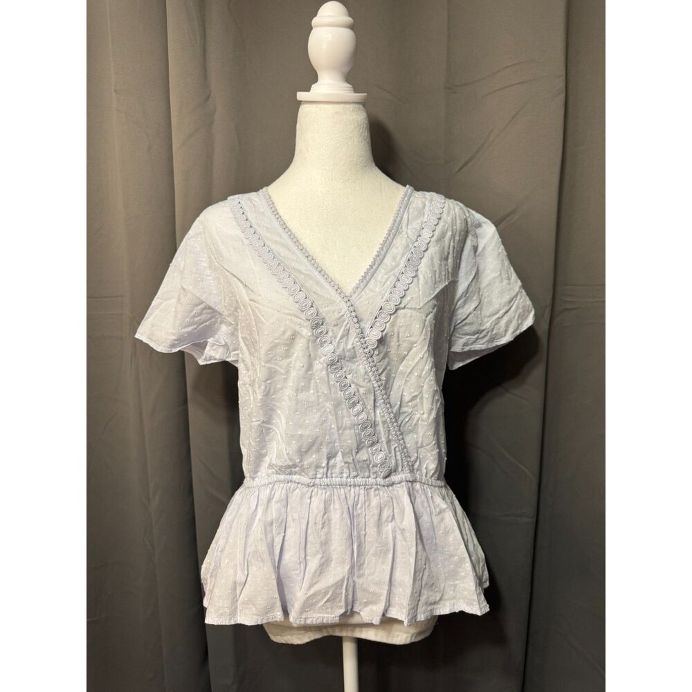 LOFT Outlet White Swiss Dot Blouse Medium Peplum Wrap V Neck Cotton Top